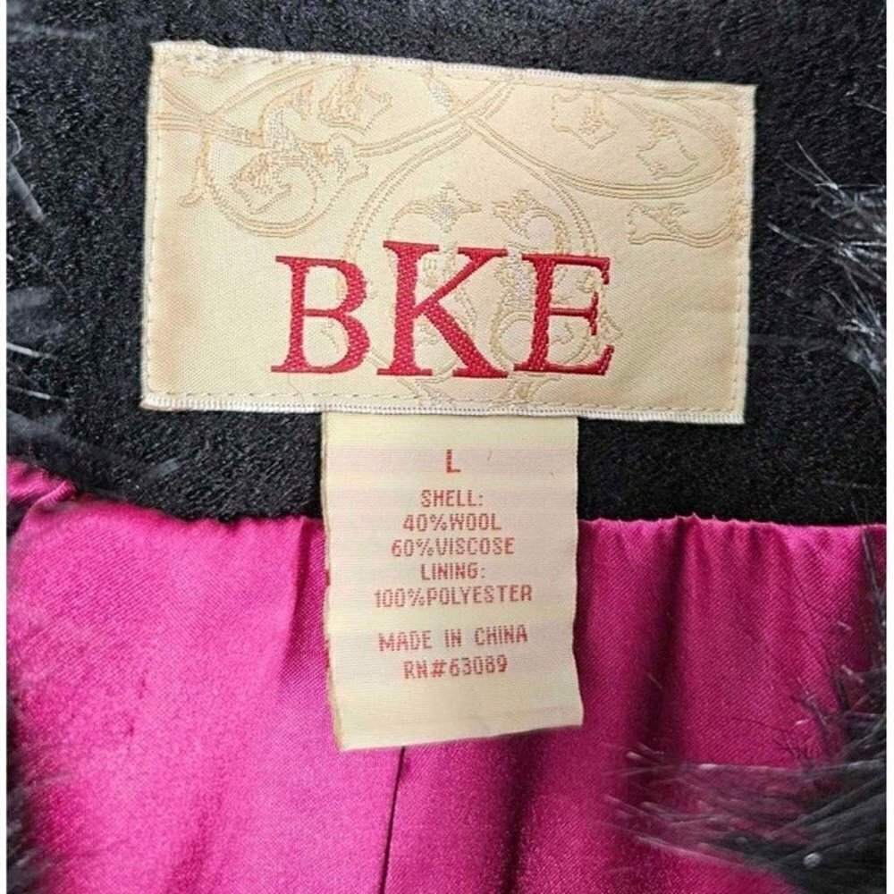 BKE Black Wool Pink Lined Faux Fur Hooded Lace Hem Goth Style Jacket Coat Sz L - Picture 4 of 5